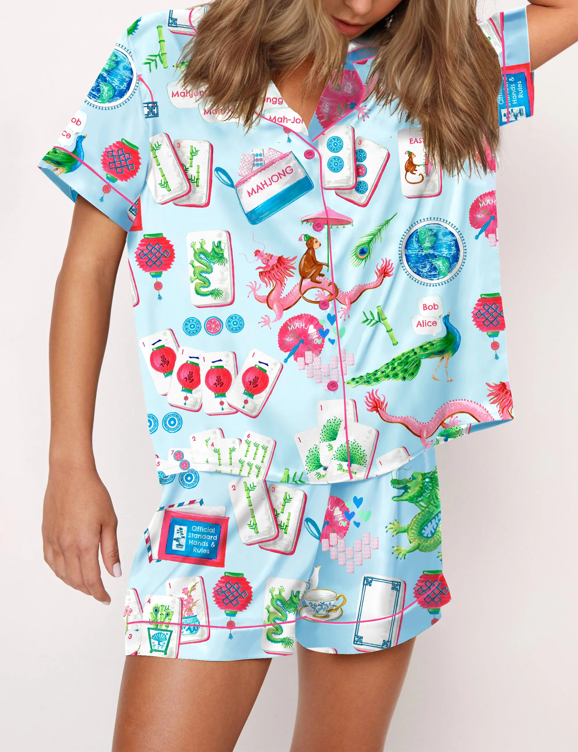 Chinoiserie Mahjong Silky Satin Pajama Set For Women