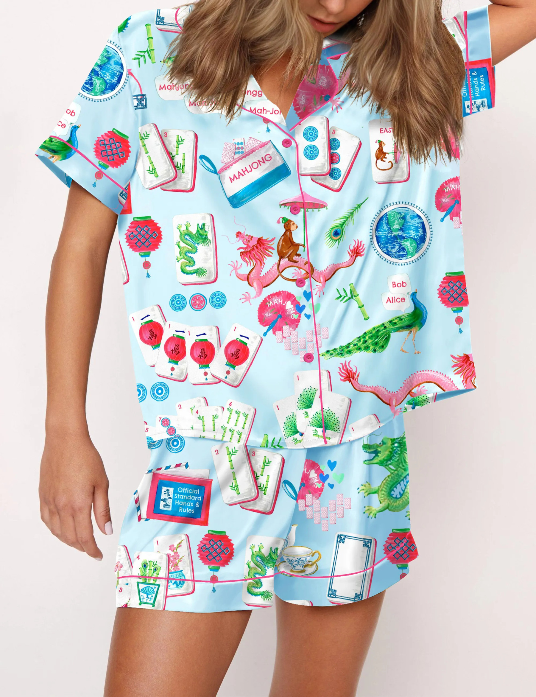 Chinoiserie Mahjong Silky Satin Pajama Set For Women