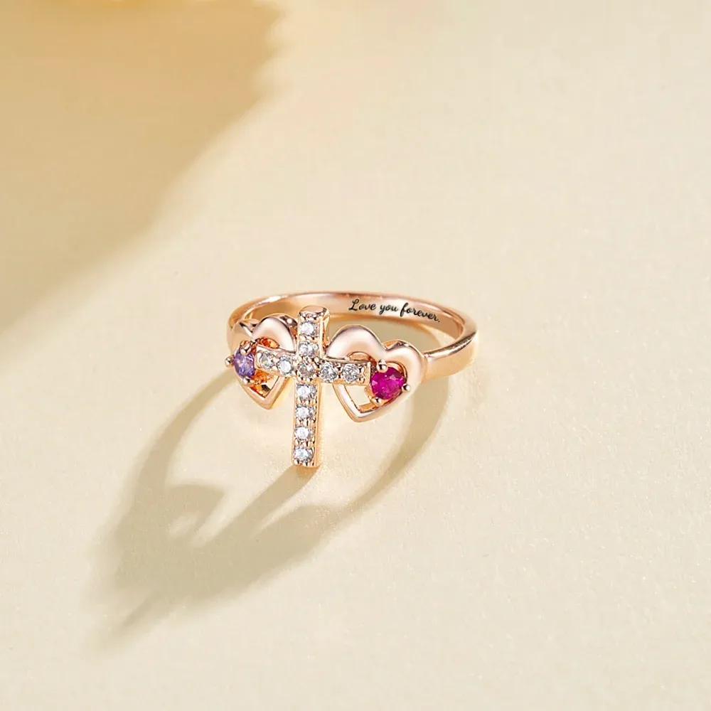 Personalized Double Heart Birthstone Cross Ring with Engraved Text Birthday Baptism Gift for Women