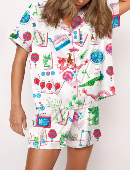 Chinoiserie Mahjong Silky Satin Pajama Set For Women