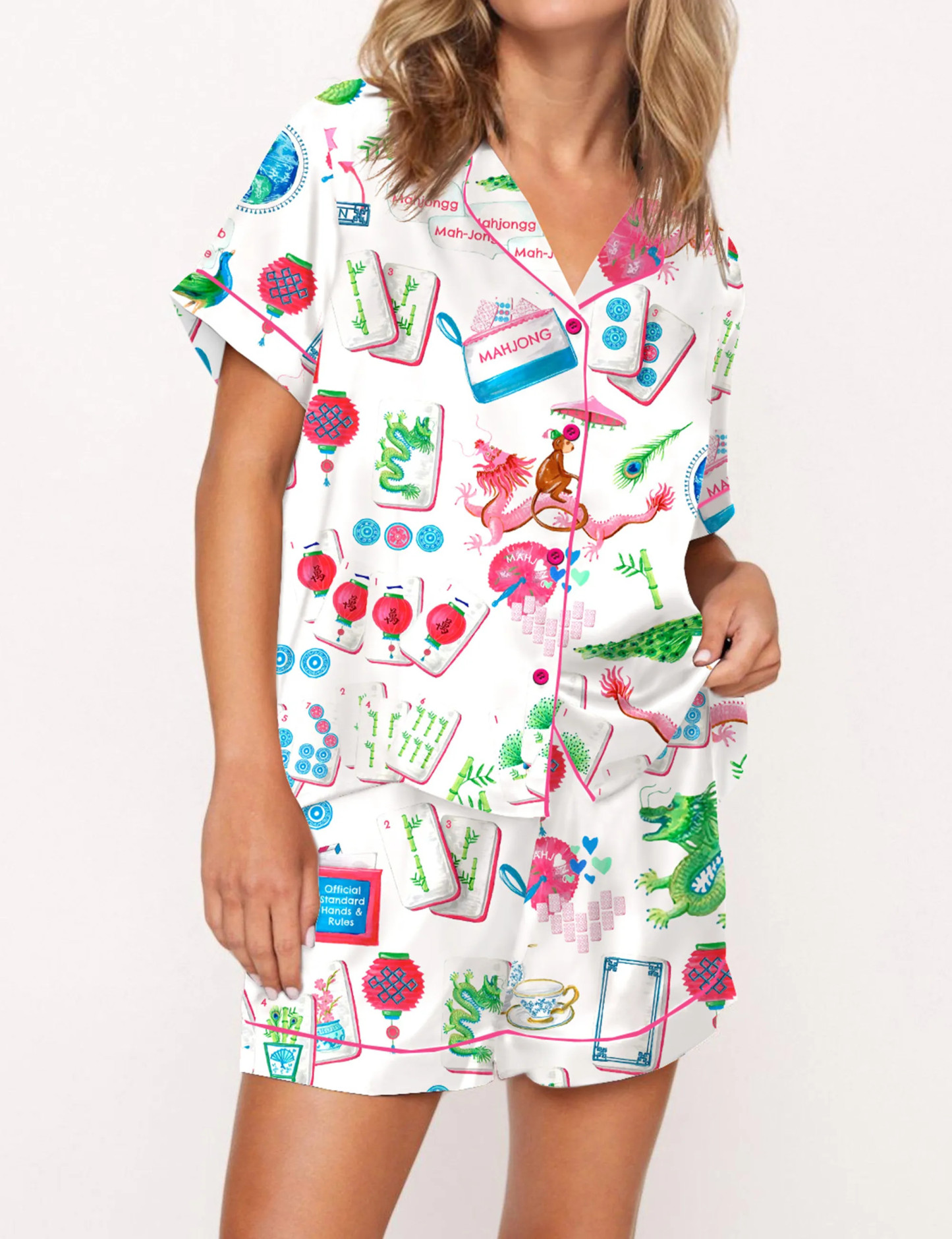 Chinoiserie Mahjong Silky Satin Pajama Set For Women