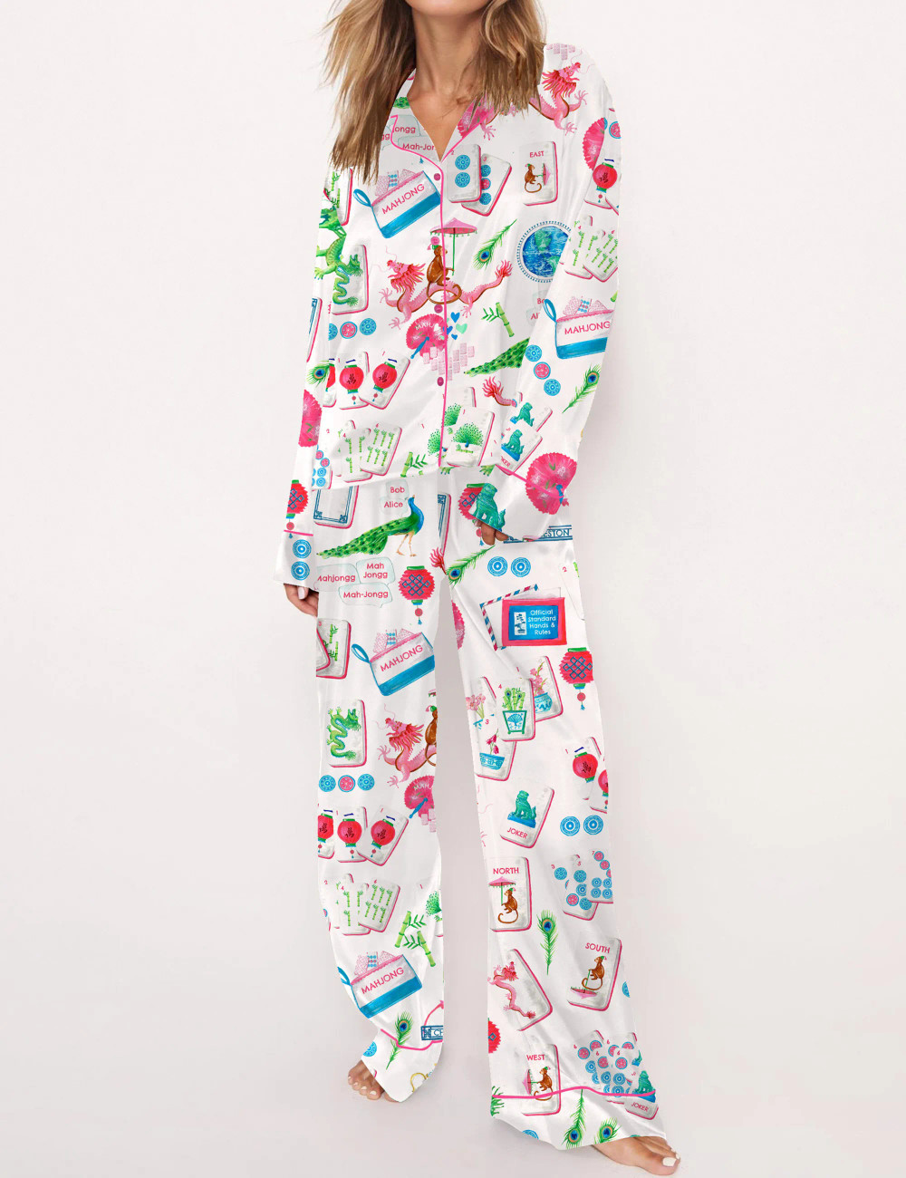 Chinoiserie Mahjong Silky Satin Pajama Set For Women