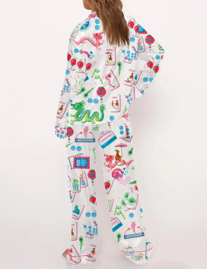 Chinoiserie Mahjong Silky Satin Pajama Set For Women