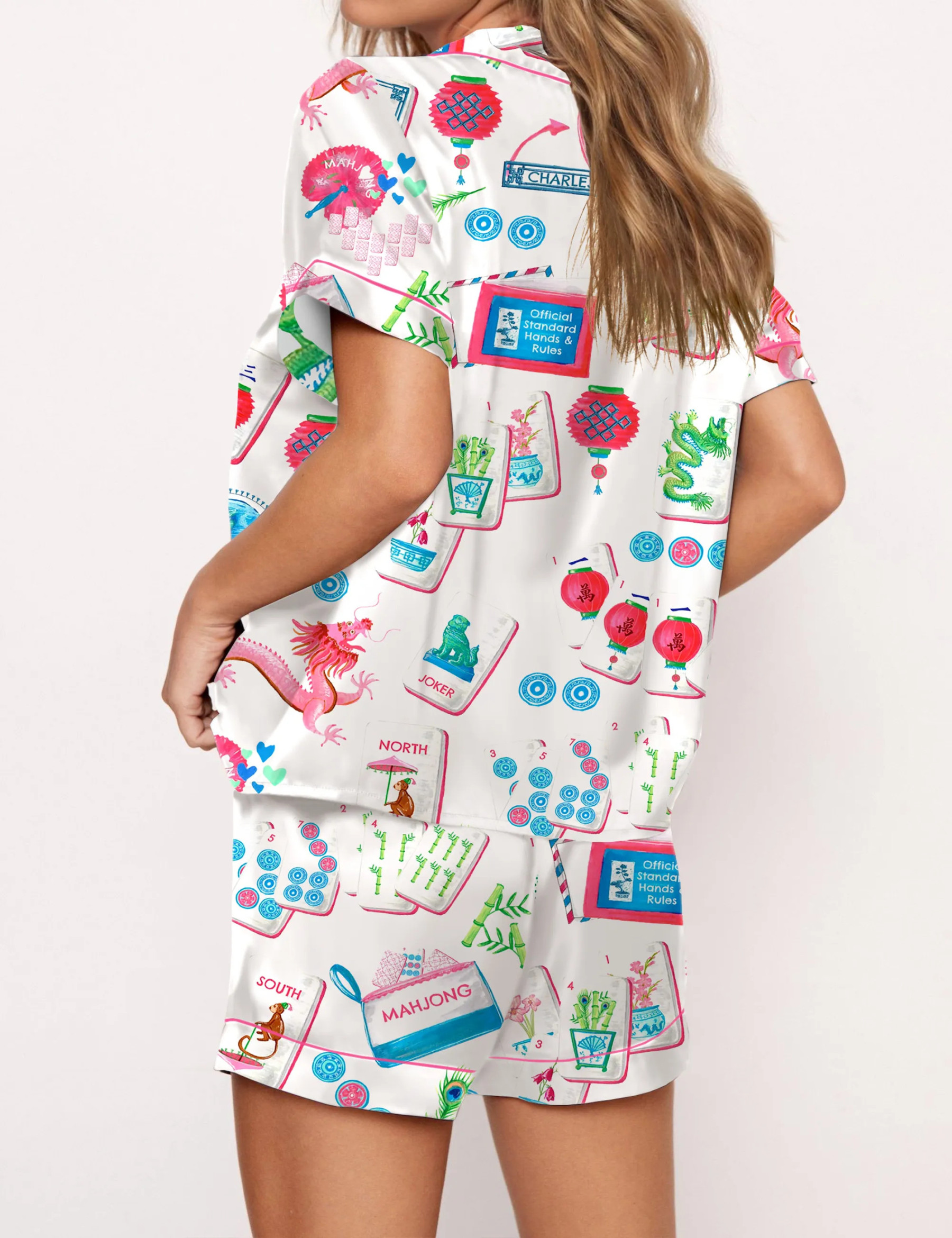 Chinoiserie Mahjong Silky Satin Pajama Set For Women