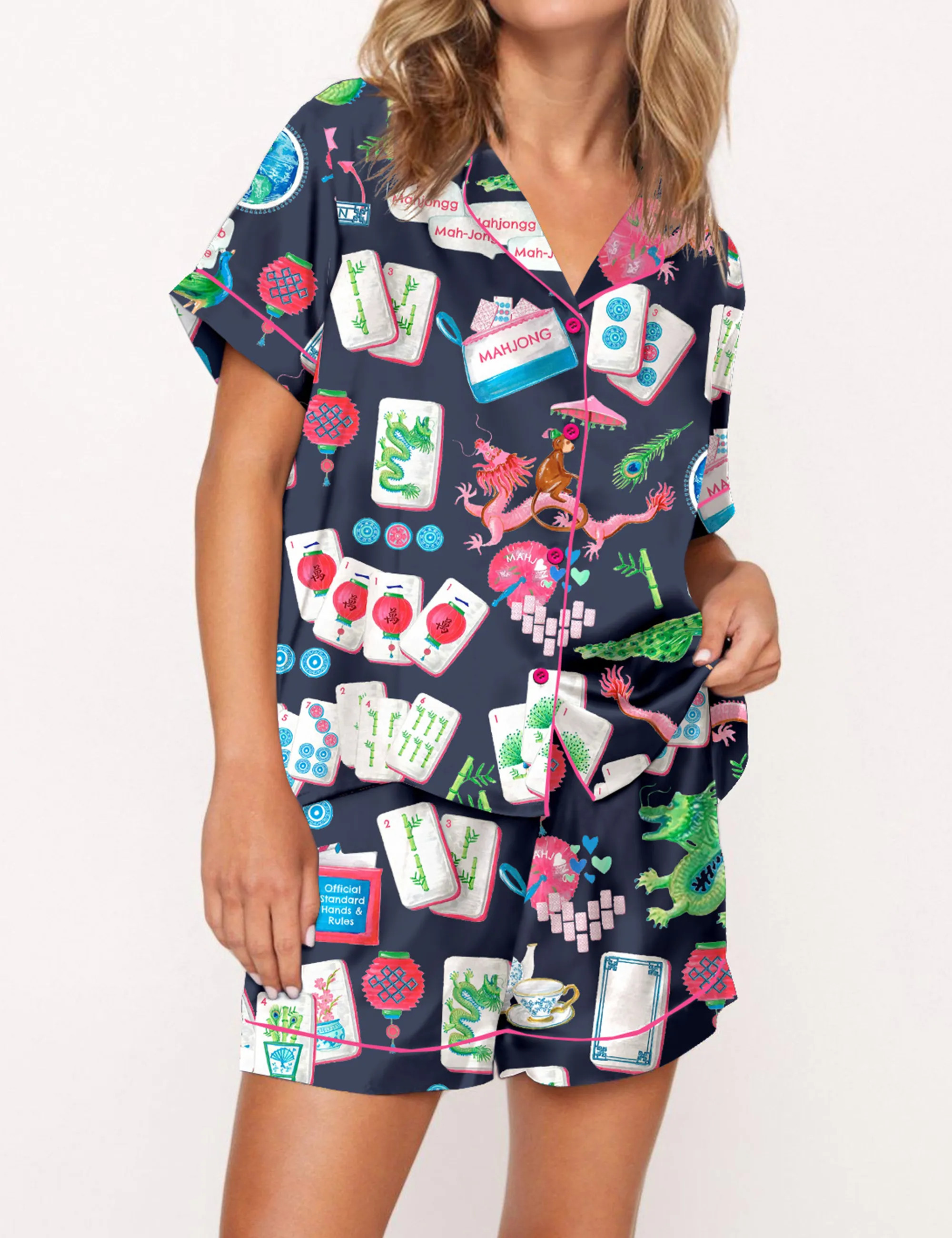 Chinoiserie Mahjong Silky Satin Pajama Set For Women