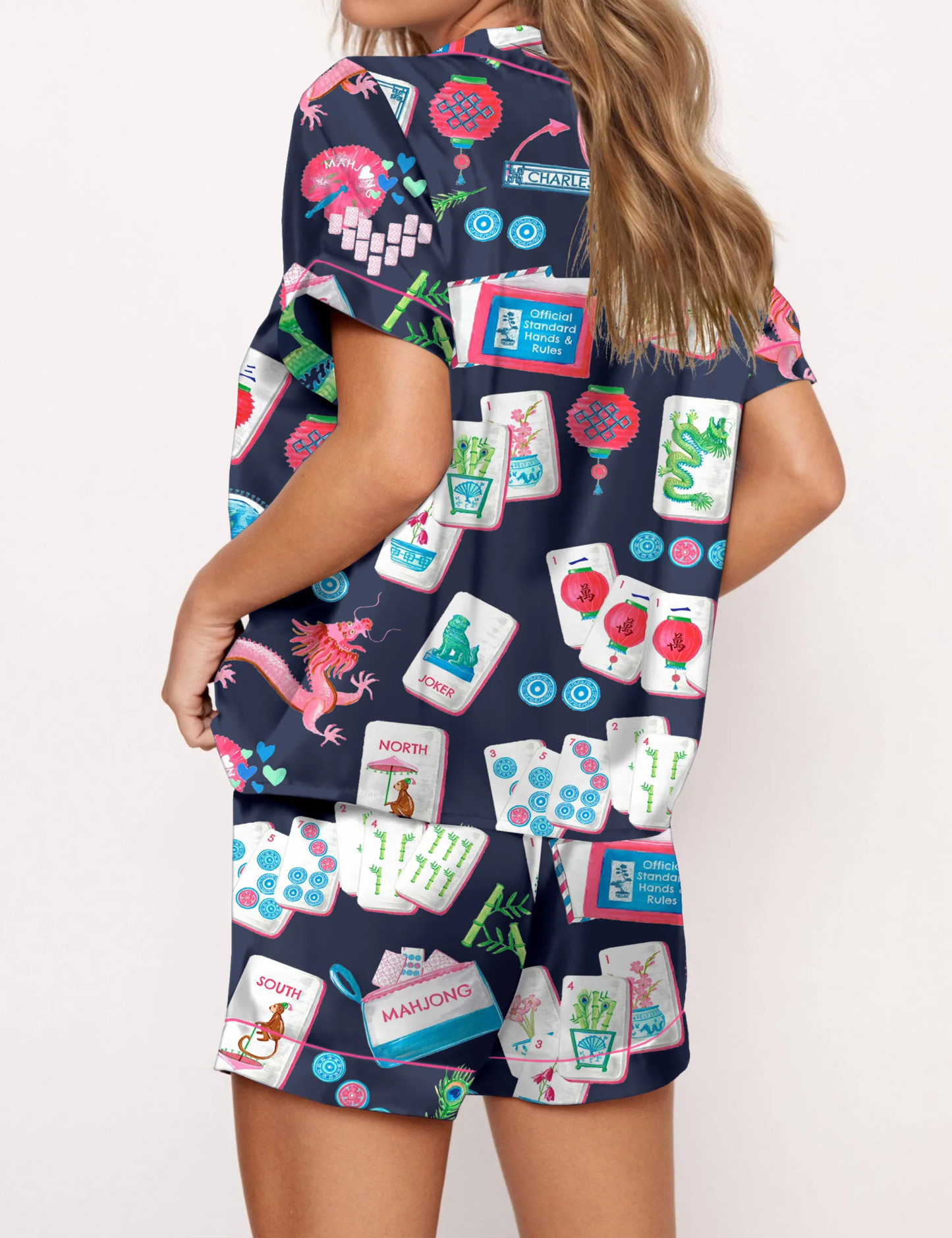 Chinoiserie Mahjong Silky Satin Pajama Set For Women