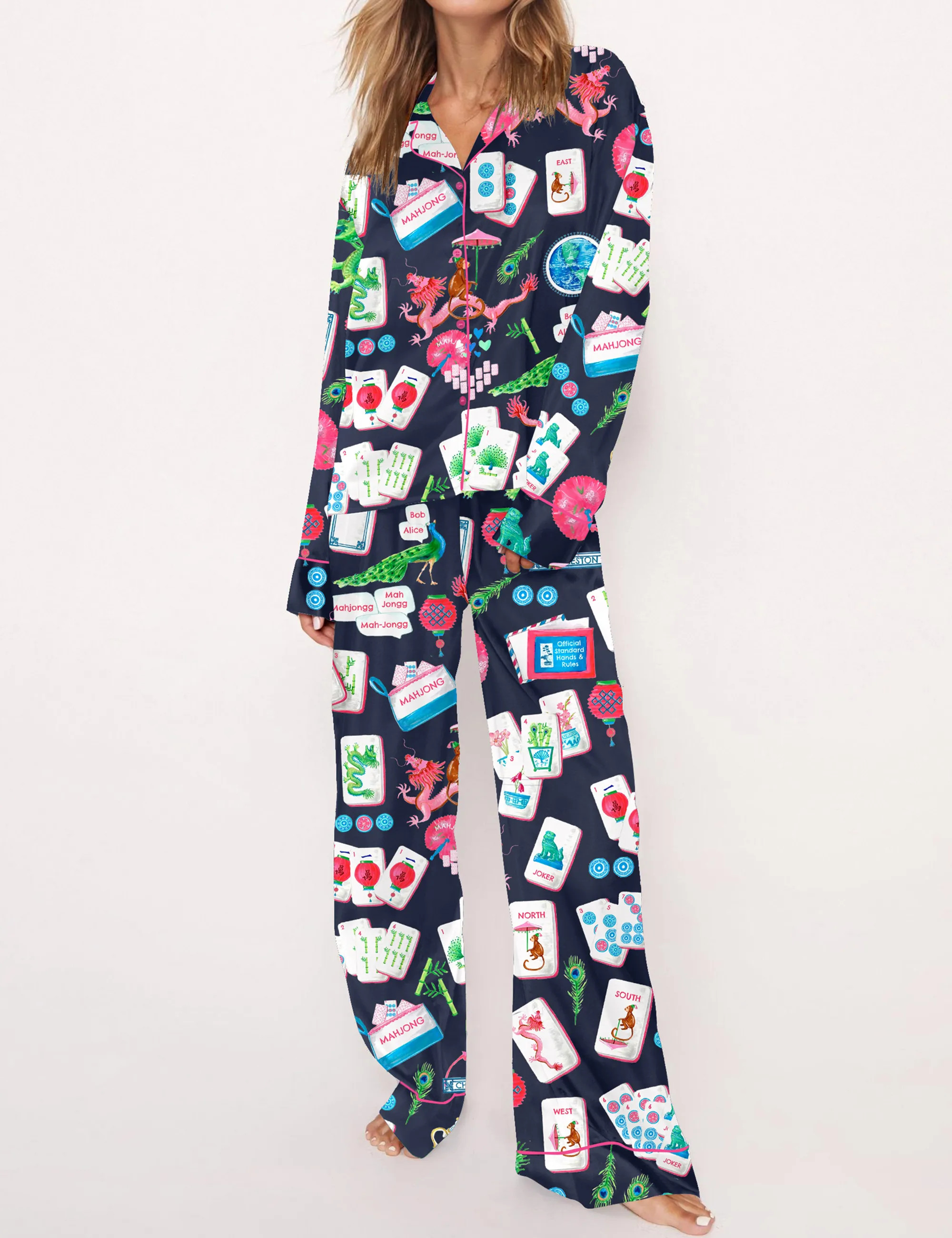 Chinoiserie Mahjong Silky Satin Pajama Set For Women