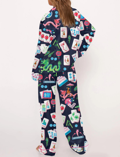 Chinoiserie Mahjong Silky Satin Pajama Set For Women