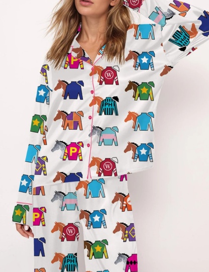Kentucky Derby Contenders Colorful Jockey Horse Racing Satin Pajama Set