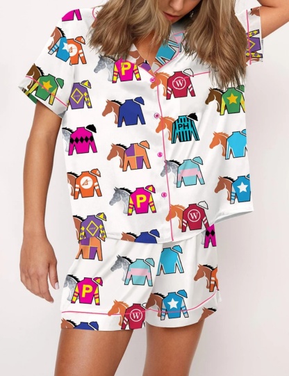 Kentucky Derby Contenders Colorful Jockey Horse Racing Satin Pajama Set