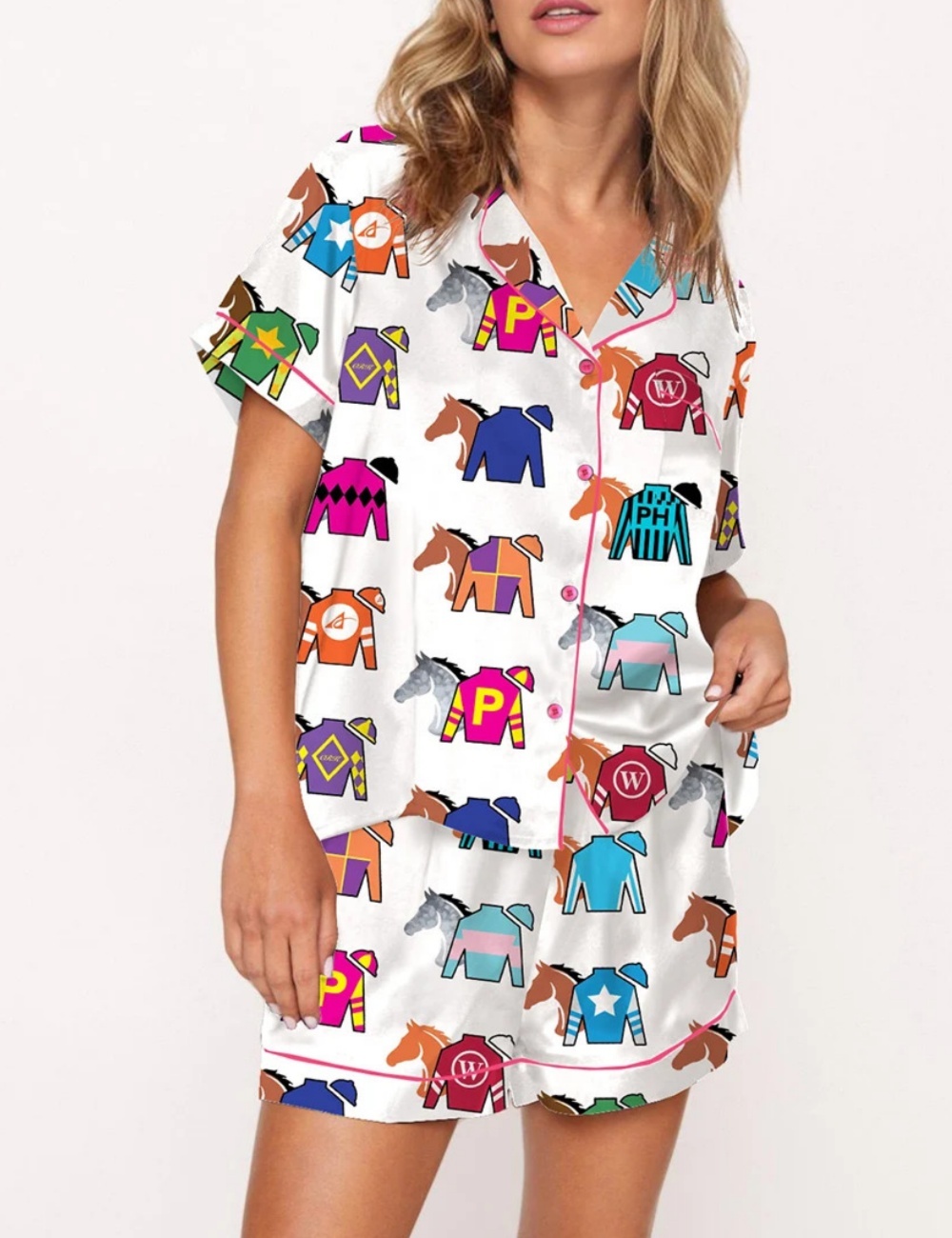 Kentucky Derby Contenders Colorful Jockey Horse Racing Satin Pajama Set