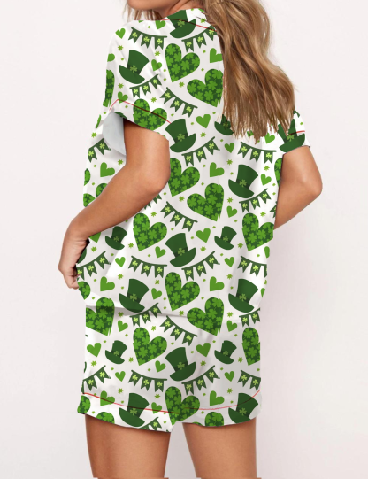 Green Heart Bunting Pattern Satin Pajama Short Set