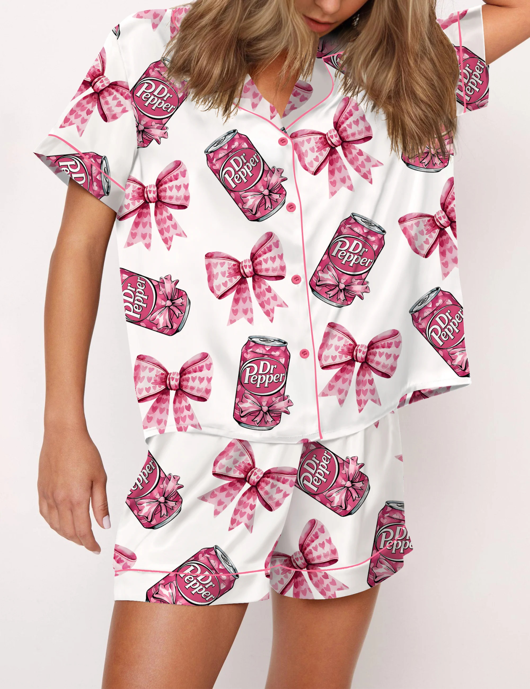 Pink Coquette Pepper Drink Satin Pajama Set For Women