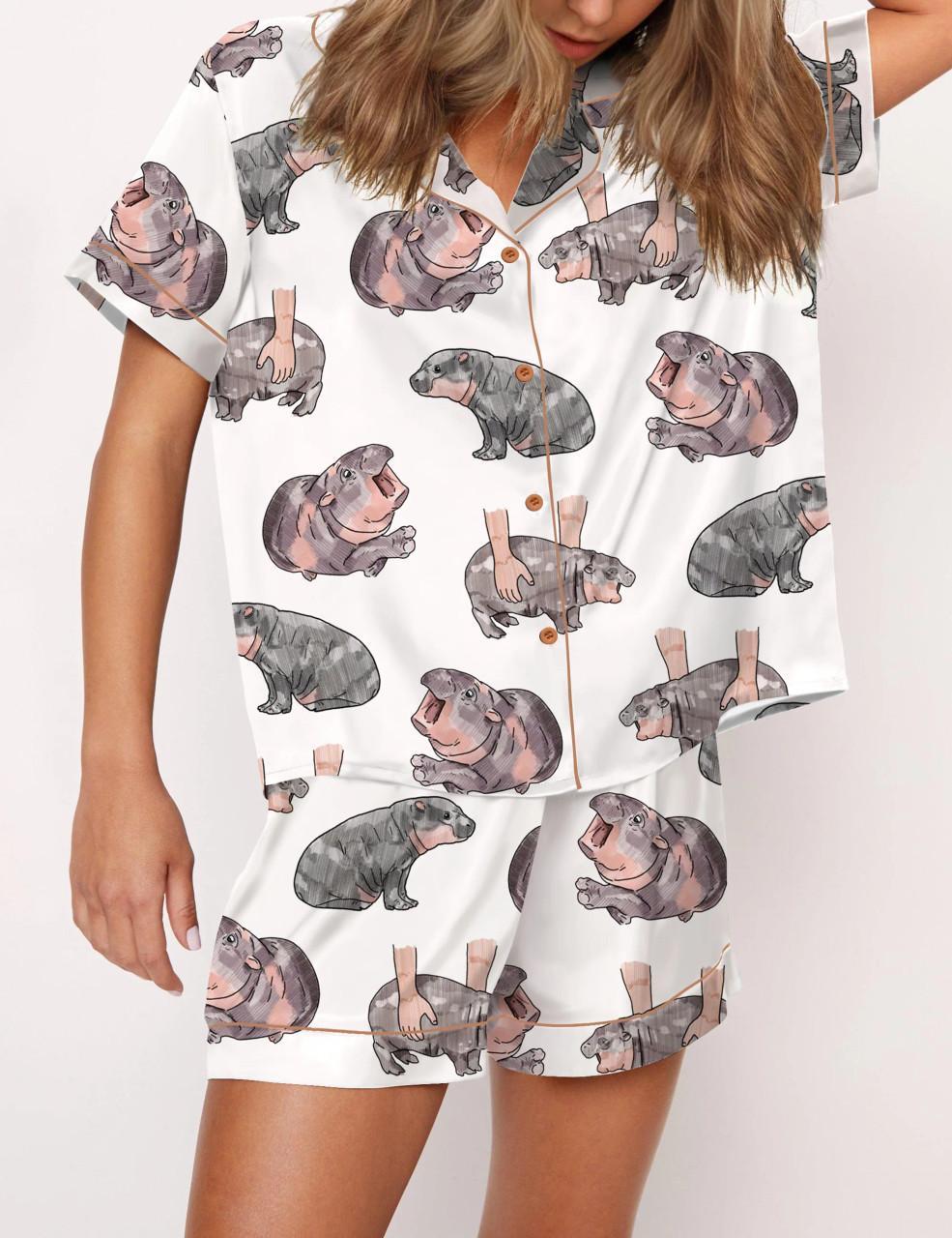 Moo Deng Baby Hippo Satin Pajama Set For Women