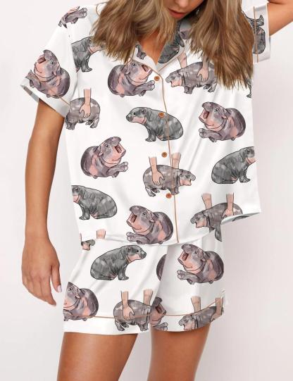Moo Deng Baby Hippo Satin Pajama Set For Women