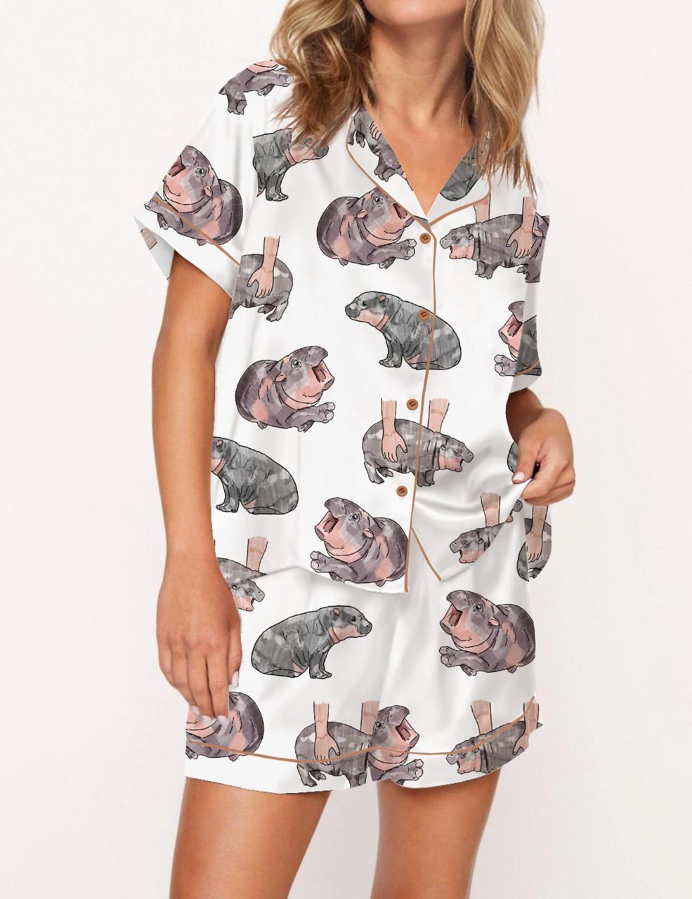 Moo Deng Baby Hippo Satin Pajama Set For Women