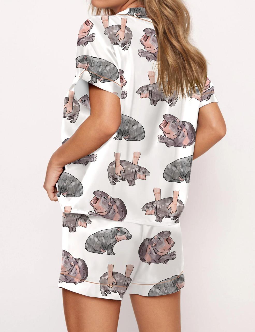 Moo Deng Baby Hippo Satin Pajama Set For Women
