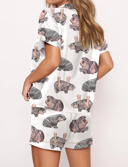 Moo Deng Baby Hippo Satin Pajama Set For Women