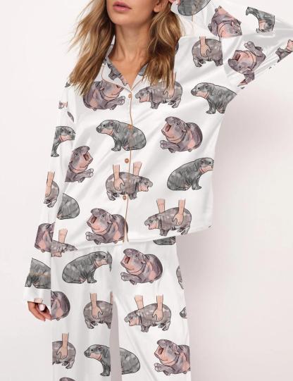 Moo Deng Baby Hippo Satin Pajama Set For Women