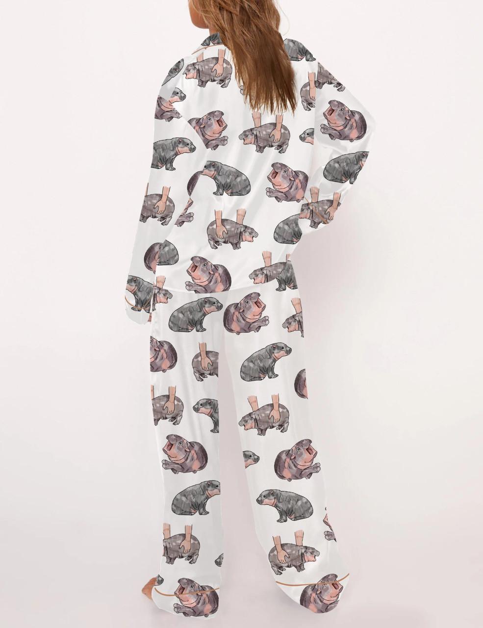 Moo Deng Baby Hippo Satin Pajama Set For Women