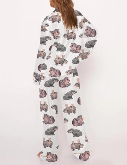 Moo Deng Baby Hippo Satin Pajama Set For Women