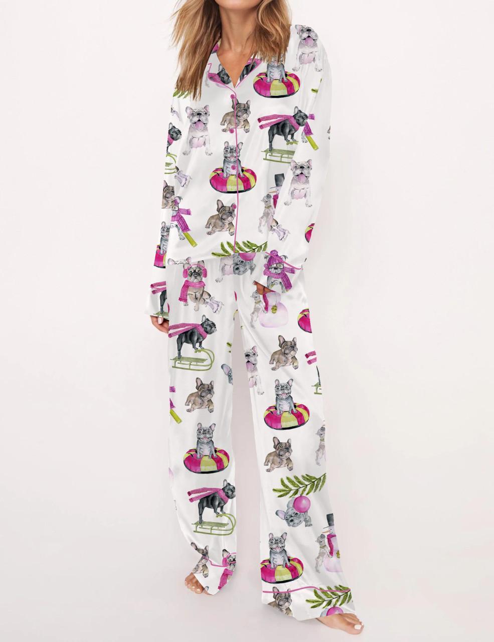 Christmas Skiing French Bulldog Satin Pajama Set For Women