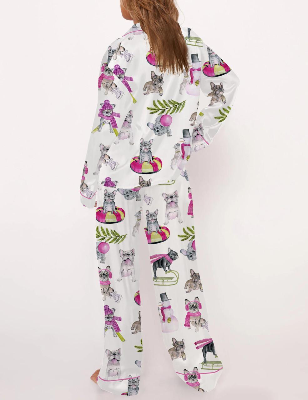 Christmas Skiing French Bulldog Satin Pajama Set For Women