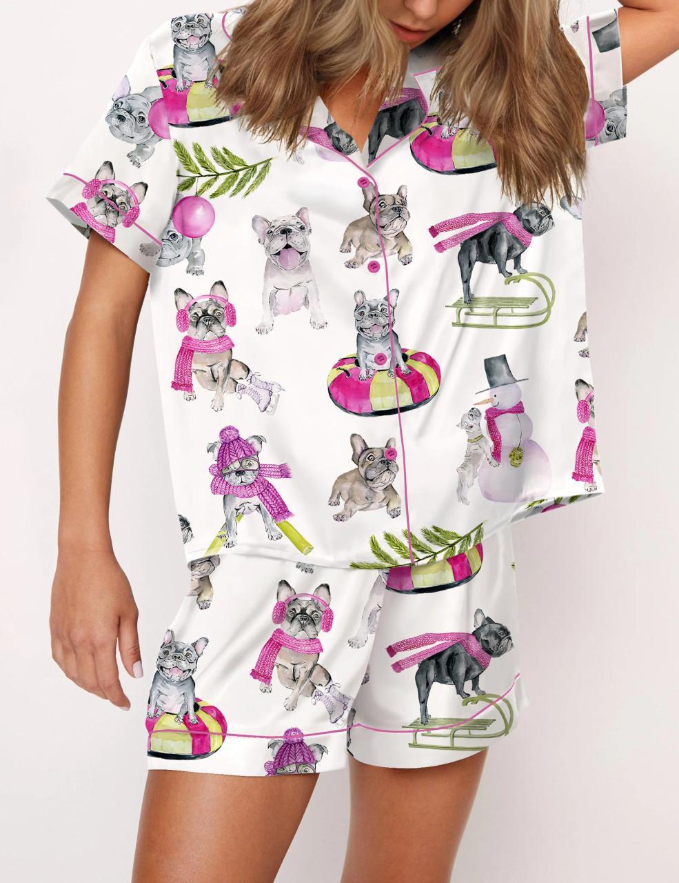 Christmas Skiing French Bulldog Satin Pajama Set For Women