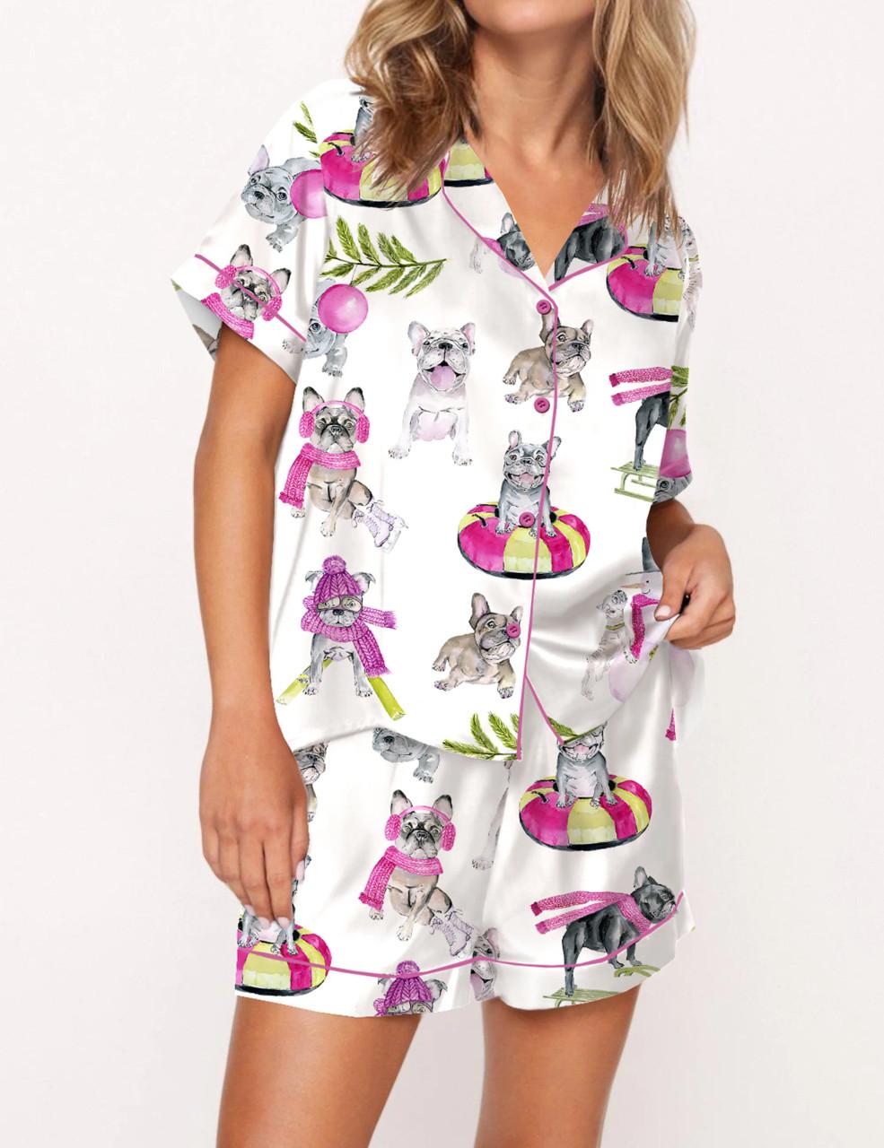 Christmas Skiing French Bulldog Satin Pajama Set For Women