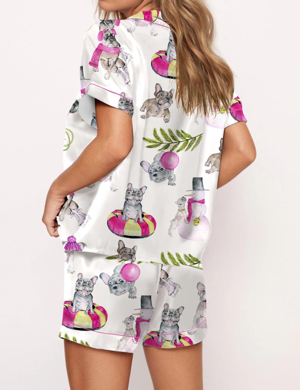 Christmas Skiing French Bulldog Satin Pajama Set For Women