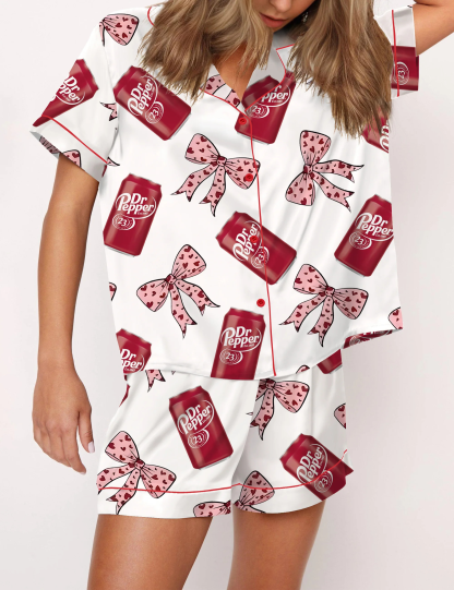 Pepper Drink Pink Coquette Bow Satin Pajama Set For Women