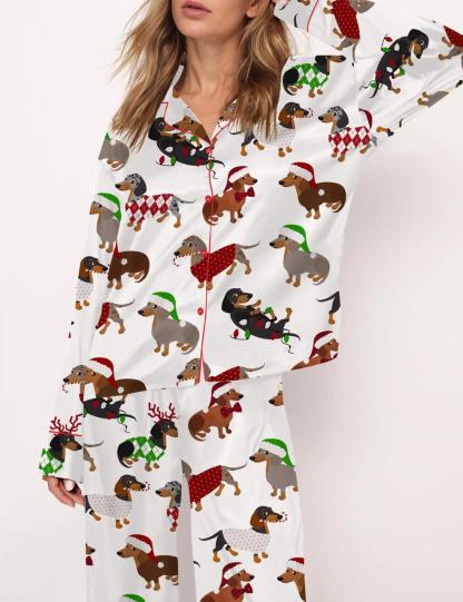 Christmas Dachshund Satin Pajama Set For Women