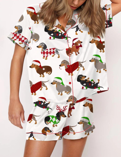 Christmas Dachshund Satin Pajama Set For Women