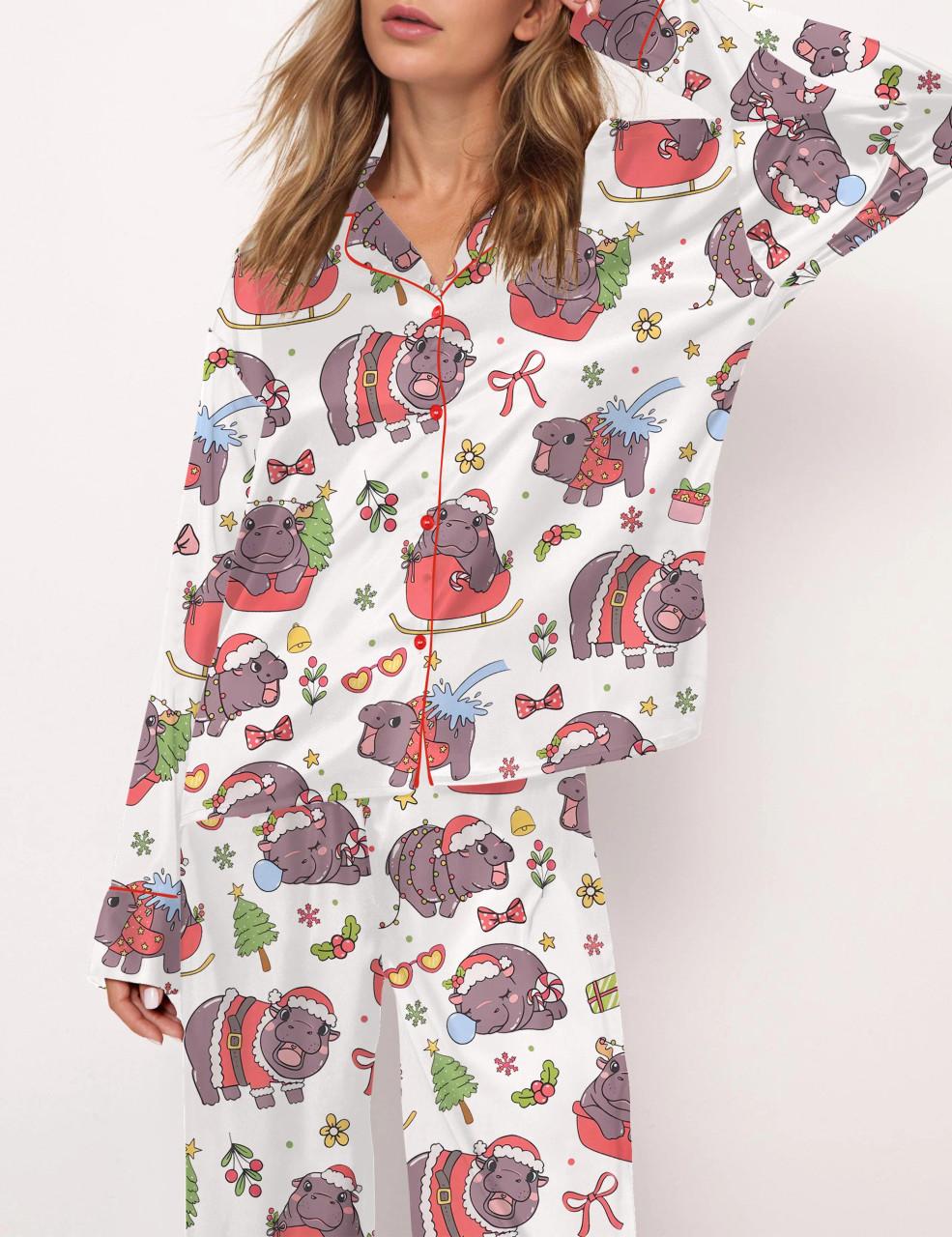Moo Deng Christmas Satin Pajama Set For Women