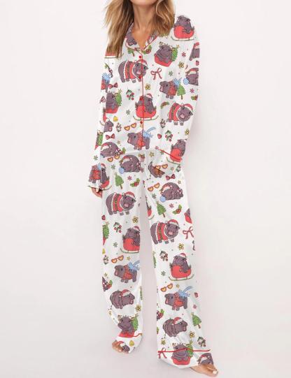 Moo Deng Christmas Satin Pajama Set For Women