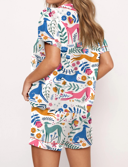Floral Greyhound Whippet Silky Satin Pajama Set For Women