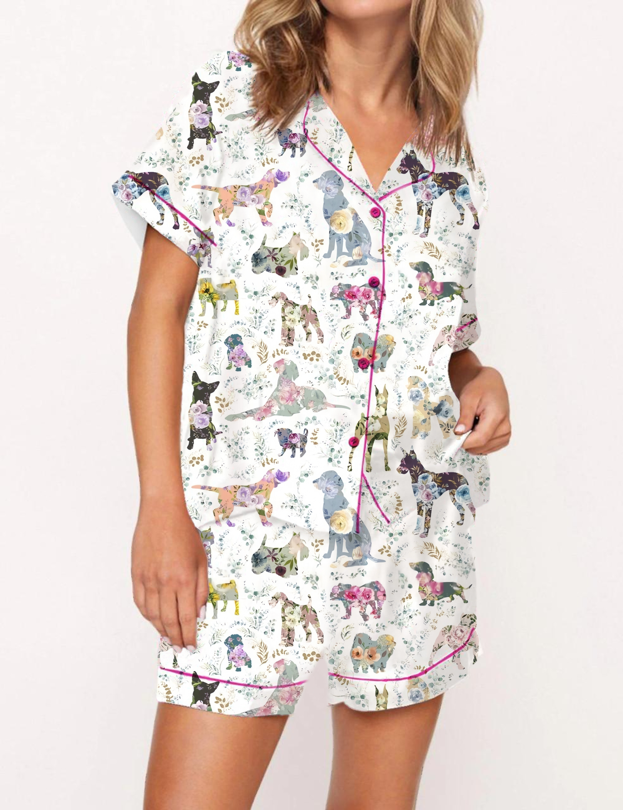 Floral Dachshund Pattern Satin Pajama Short Set