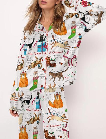 The Twelve Cats Of Christmas Silky Satin Pajama Set For Women
