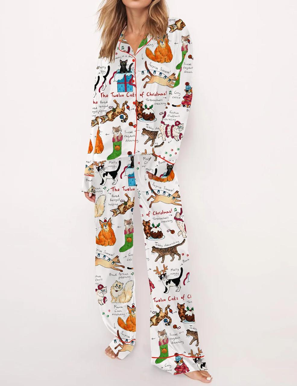 The Twelve Cats Of Christmas Silky Satin Pajama Set For Women