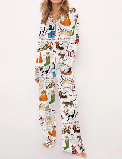 The Twelve Cats Of Christmas Silky Satin Pajama Set For Women