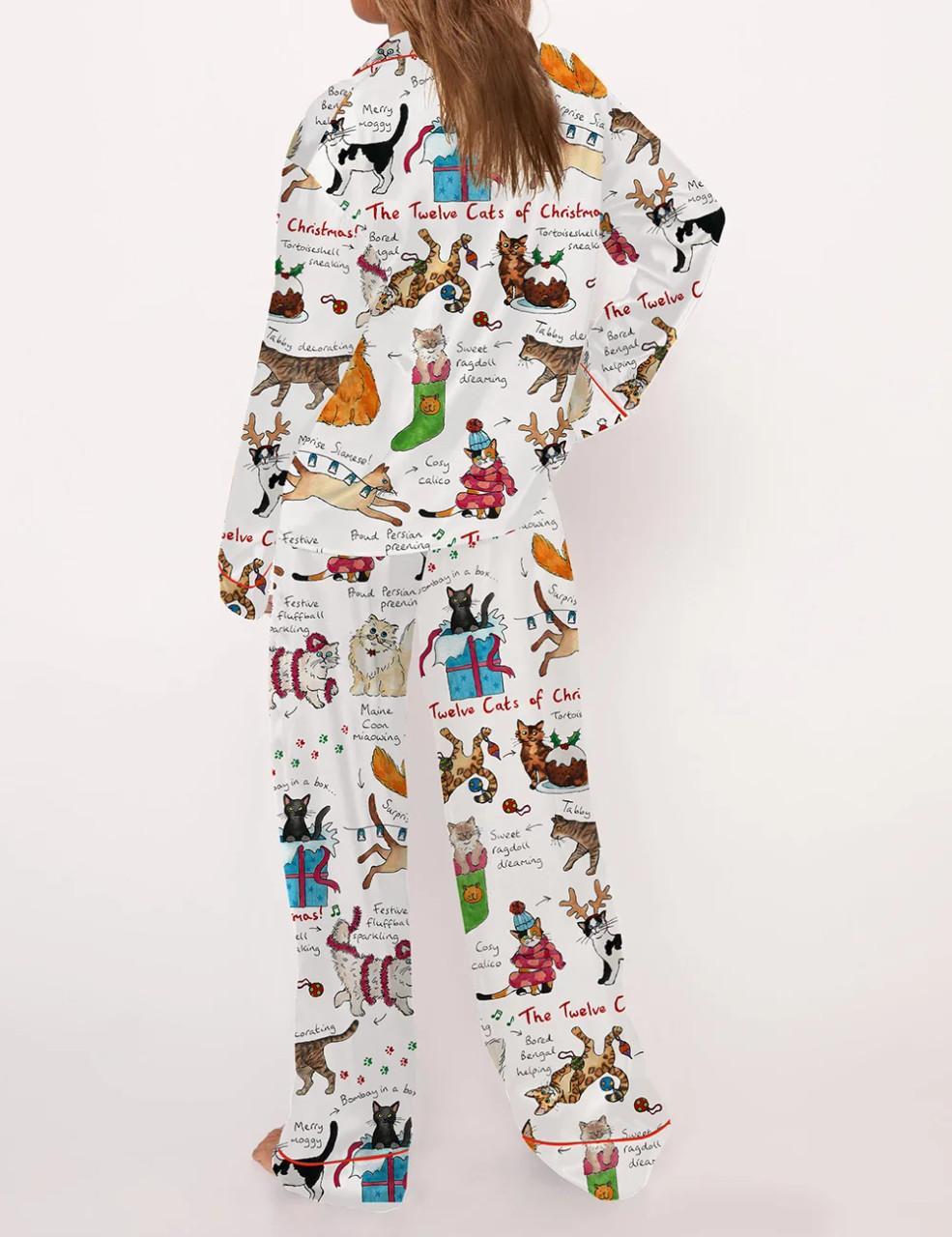 The Twelve Cats Of Christmas Silky Satin Pajama Set For Women