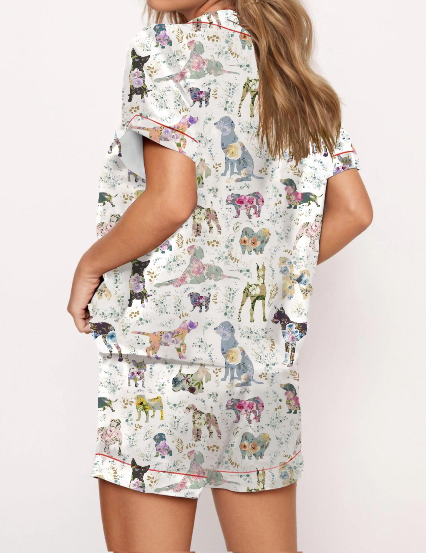 Floral Dachshund Pattern Satin Pajama Short Set
