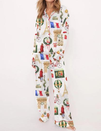 Christmas Paris Satin Pajama Set For Women