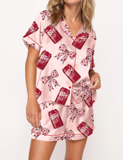 Pepper Drink Pink Coquette Bow Satin Pajama Set For Women