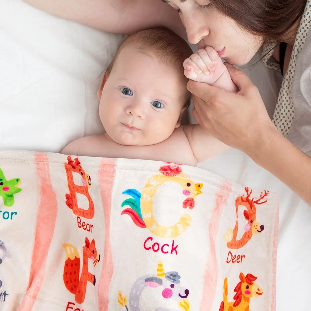 Personalized Zoo Alphabet Enlightenment Education Fleece Soft Blanket with Name Gift for Baby Kid