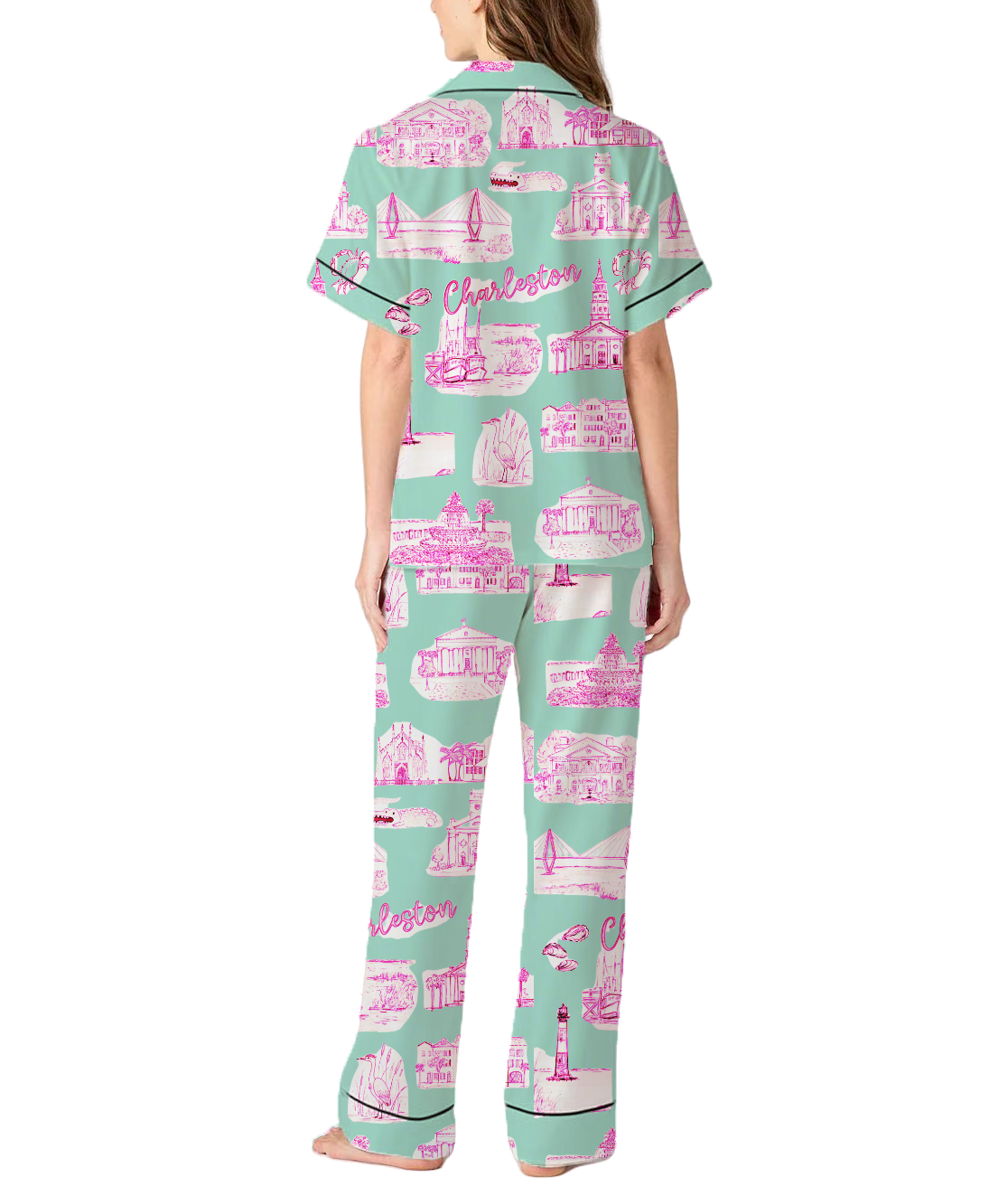 Charleston Toile Silky Satin Pajama Pants Set For Women