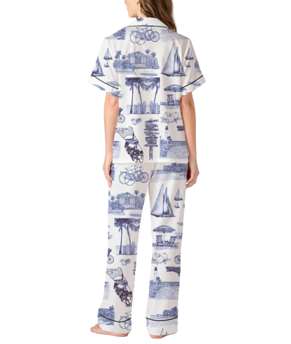 Florida Toile Silky Satin Pajama Pants Set For Women