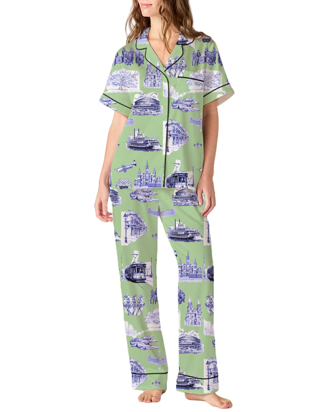 New Orleans Toile Silky Satin Pajama Pants Set For Women