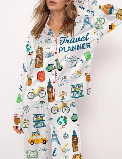 Travel Planner Satin Pajama Set For Women