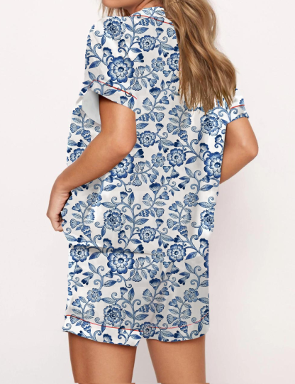 Blue Flower Print Satin Pajama Short Set